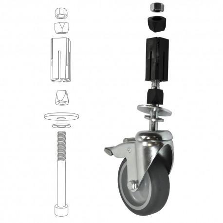 Roue pivotante avec frein 100 mm incl. extenseur 48,3 mm (Klemp) Roue pivotante avec frein 100 mm incl. extenseur 48,3 mm (Klemp)