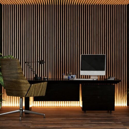 Biuro z charakterem: ściana z lameli na filcu jako element aranżacji przestrzeni pracy