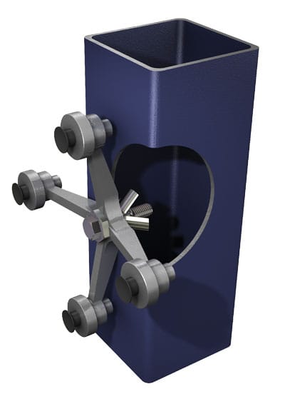 Uchwyt do mocowania przeszklenia zamocowany do profilu zamkniętego za pomocą BoxBolt